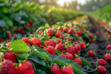 Sunlight bathes a field of ripe strawberries, highlighting the lush green leaves and vibrant red berries in a rural farm setting.