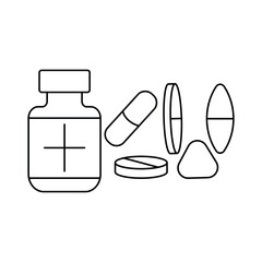 Medicine bottle and pills line icon vector