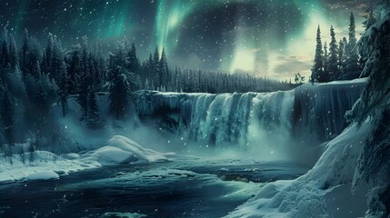 Wintry Waterfall Aurora in Matte Painting Style