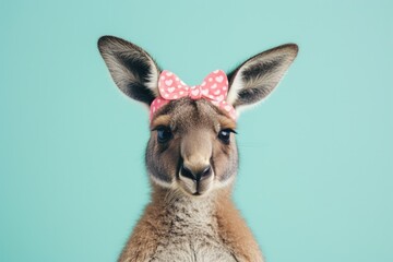 The symbol of Australia is the kangaroo. Cute animal. Rest. Homely Australian comfort. Plaid. funny kangaroo with bow turquoise background. Animal portrait