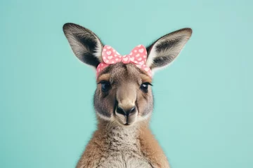 Fotobehang Cape Le Grand National Park, West-Australië The symbol of Australia is the kangaroo. Cute animal. Rest. Homely Australian comfort. Plaid. funny kangaroo with bow turquoise background. Animal portrait