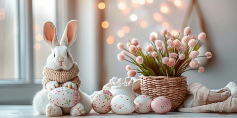 Happy Easter. Elegant white rabbit with eggs and soft floral arrangement, perfect for springtime decor