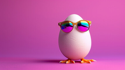 Egg Character with Rainbow Sunglasses and Chicken Feet, Whimsical Pink Setting