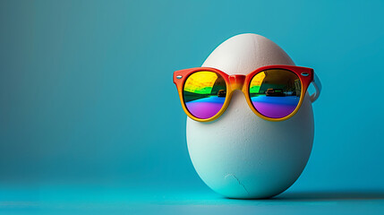 Egg Character with Reflective Rainbow Sunglasses, Playful Blue Backdrop
