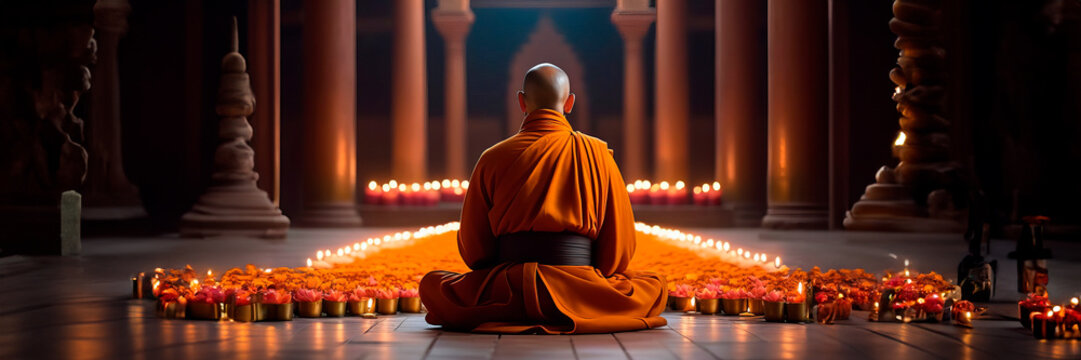 Buddhist monk praying in the temple, Tibet, Asia. view from back. Copy space banner with a place for text