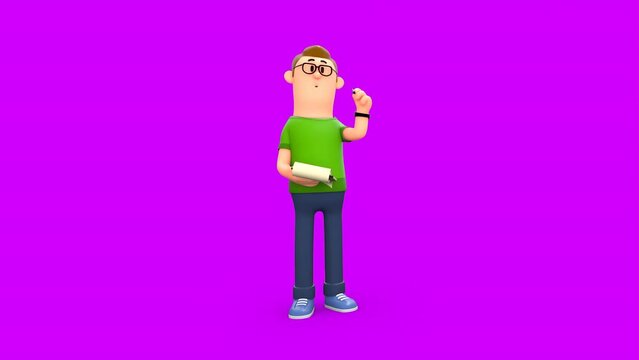 3D Cartoon Character Man With Notebook in His Hands Writing With a Pen. A Male Thinking and Making Notes.