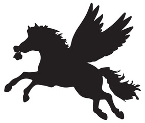 Vector black and white silhouette ready to print: Flying pegasus horse Amor, love is in the air