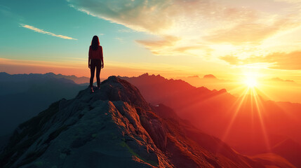 Fototapeta premium A woman on a mountaintop celebrates her triumph, in the spirit of adventure, against the backdrop of a stunning sunrise
