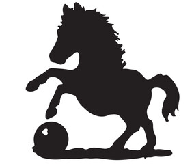 Vector black and white silhouette ready to print: Small pony horse is playing with a ball