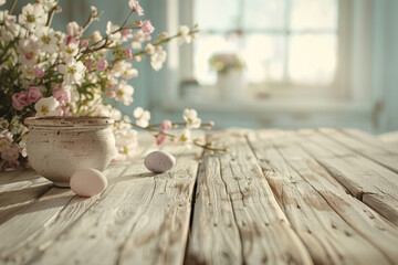 Fototapeta na wymiar Rustic Easter Table Setting with Spring Flowers