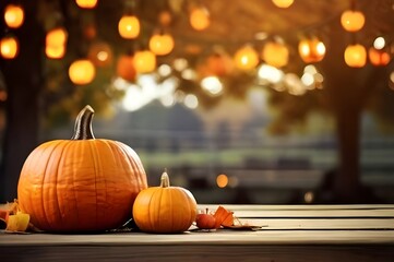 Halloween, orange pumpkins on a wooden table on a bokeh glowing background. Generated AI - obrazy, fototapety, plakaty