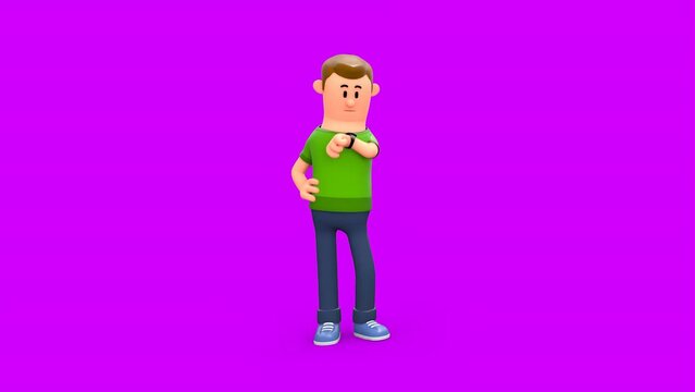 3D Rendered Scene Of White Cartoon Young Man Waiting Looking Time On Wristwatch Tapping Feet Restlessly