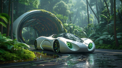 EV (Electric Vehicle). The electric car is driving down a forest road, pulling out of a charging station. A concept of the future