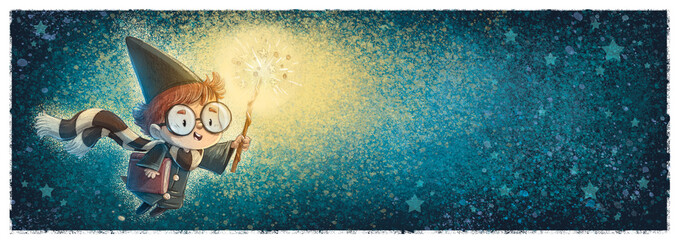 Niño mago con varita y libro magico en las manos © cirodelia