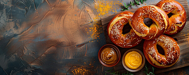 Freshly baked soft pretzels with a side of mustard on a rustic wooden board with a mustard yellow background Top view space to copy. - obrazy, fototapety, plakaty