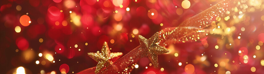 red christmas with golden glittering stars, banner with copy space, created with generative AI...