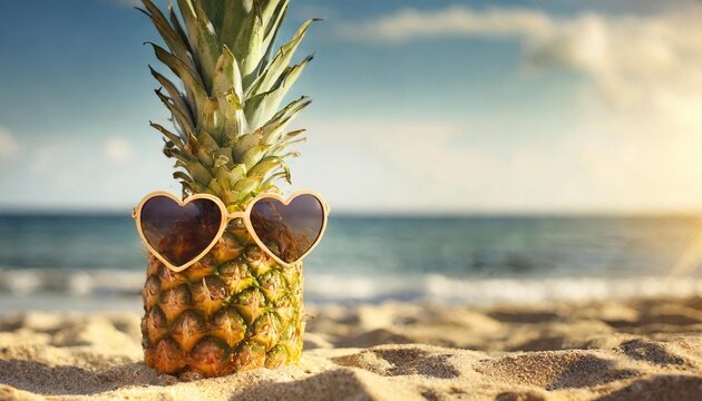 Pineapple with sunglasses in heart form. Hipster fruit on the sand against of sea.