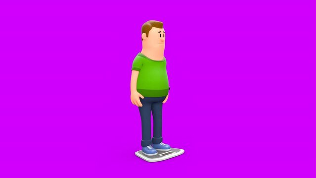 3D Animated Fat Man Standing on a Scale and Checking His Weight