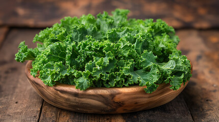 Fresh kale vegetable in a wooden bowl on a wooden table