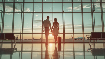 Pareja de hombre y mujer de pie agarrados de la mano mirando por un ventanal del aeropuerto al amanecer. Pareja viajando en el aeropuerto. - obrazy, fototapety, plakaty