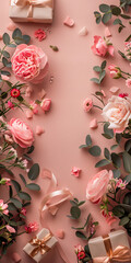 Aesthetic display of pink flowers and ribbons on a soft pink background