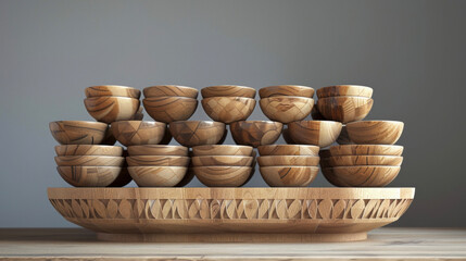 A wooden serving tray with a unique geometric pattern etched into its surface balanced on top of a stack of handcrafted wooden bowls in various shapes and sizes.