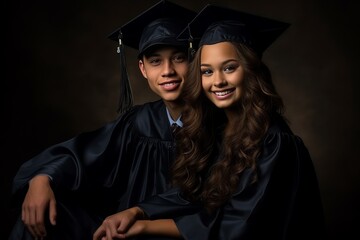 Obraz premium An American couple in black graduation hats and robes celebrates academic achievements and success