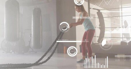 Animation of data processing and diagrams over caucasian woman using lines at gym - Powered by Adobe
