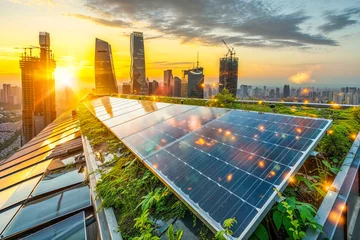 Deurstickers A futuristic cityscape with skyscrapers adorned with lush greenery and solar panels amidst a beautiful sunset © Fxquadro