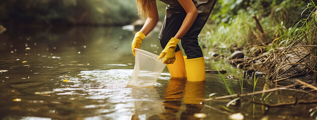 A female scientist takes a water sample to observe aquatic life in river, promoting research and environmental conservation. World Earth and Water Day - obrazy, fototapety, plakaty