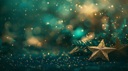 christmas with a golden glittering star on a teal green background with copy space, created with generative AI technology - obrazy, fototapety, plakaty