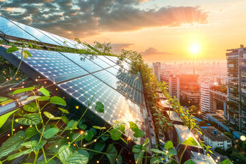 Urban sustainable energy concept with solar panels nestled among green foliage overlooking a city at sunset