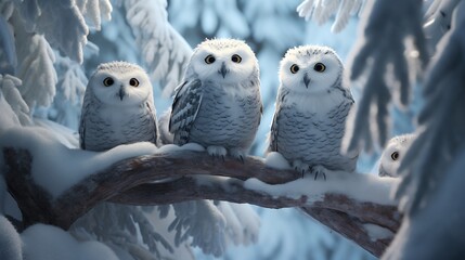 A group of AI-engineered snow owls perches majestically on snow-covered boughs, blending in seamlessly with the frosty surroundings. 
