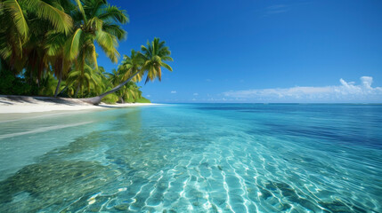Background A peaceful beach with crystal clear water and swaying palm trees. - obrazy, fototapety, plakaty