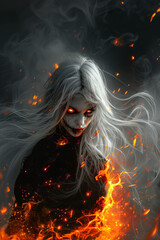  An enigmatic figure with flowing hair engulfed in mystical flames and smoke