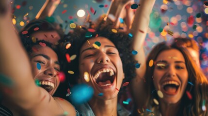 Obraz premium Joyful group of friends cheering and celebrating at festive event, happiness, friendship, togetherness