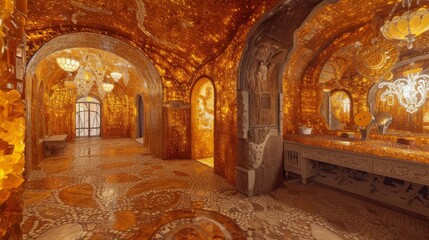 Fototapeta na wymiar a castle interior made of amber 