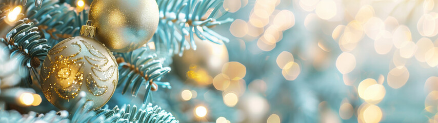 christmas with golden shining christmas tree baubles on a blue background, banner with copy space, created with generative AI technology