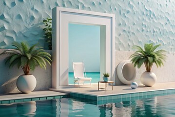 Mockup in outdoor area next to pool in soft colors. Generative AI - obrazy, fototapety, plakaty