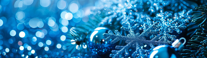 christmas with white glittering snowflake and christmas tree baubles on a blue background, banner...