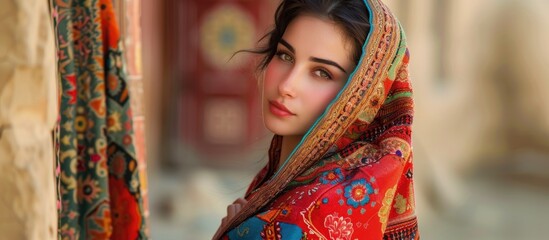 A woman is shown wearing a vibrant red and blue shawl in a traditional Eastern style, embodying the cultural essence of Eastern countries.
