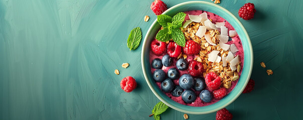 Healthy smoothie bowl with berries, granola, coconut and mint on green background Top view space to copy. - Powered by Adobe