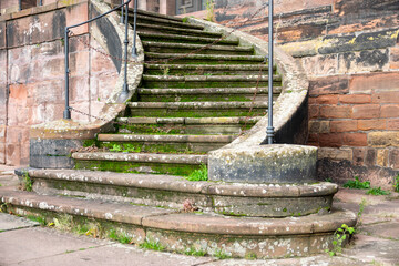 Stone old steps in the ancient famous castle. Summer time.