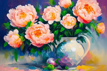 Beautiful peach pink peony flowers painting wallpaper
