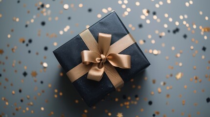 Obraz na płótnie Canvas Luxurious Dark Blue Gift Box with Gold Ribbon - Minimalist Elegance for Special Occasions