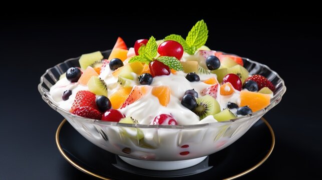 Fruit salad with ice cream white plate decorated with berries pomegranate ai generated