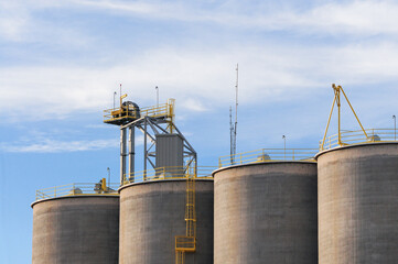 Industrial grain silos with ladders and machinery equipment stand beneath a clear sky, representing agricultural infrastructure and bulk storage operations