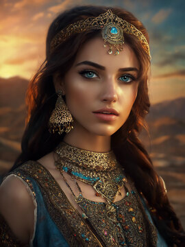 Persian princess. Young oriental woman. Portrait of a beautiful Arab woman in festive attire. Precious jewelry