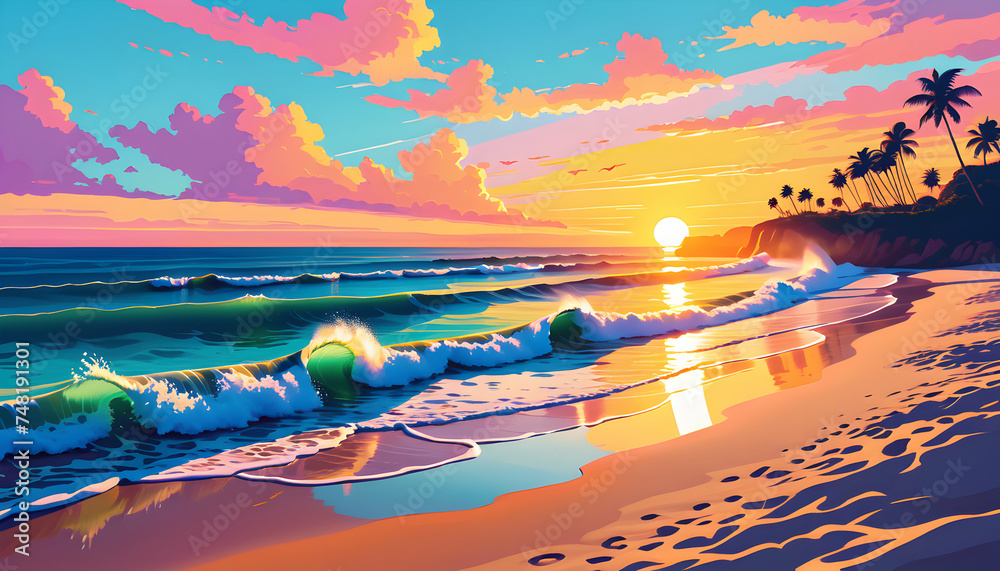 Wall mural sea beach sunrise illustration