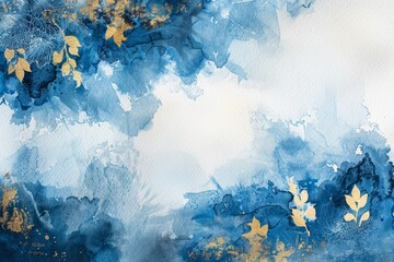 Blank leafy blue background. a blue background with gold and leafed leaves and gold foil